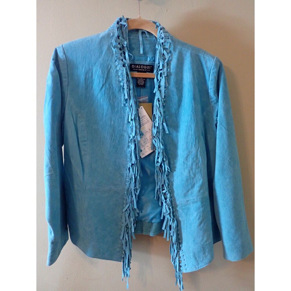 Dialouge Teal Fray Jacket Small Western Boho Leather Bright NWT Vintage Y2K